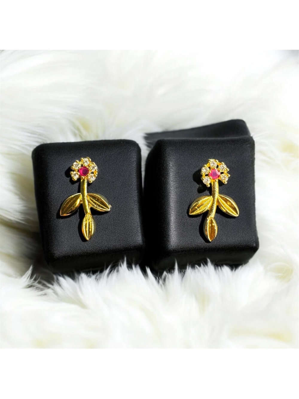 Gold-Plated Floral Earrings with Sparkling Crystals and Pink Rose Center